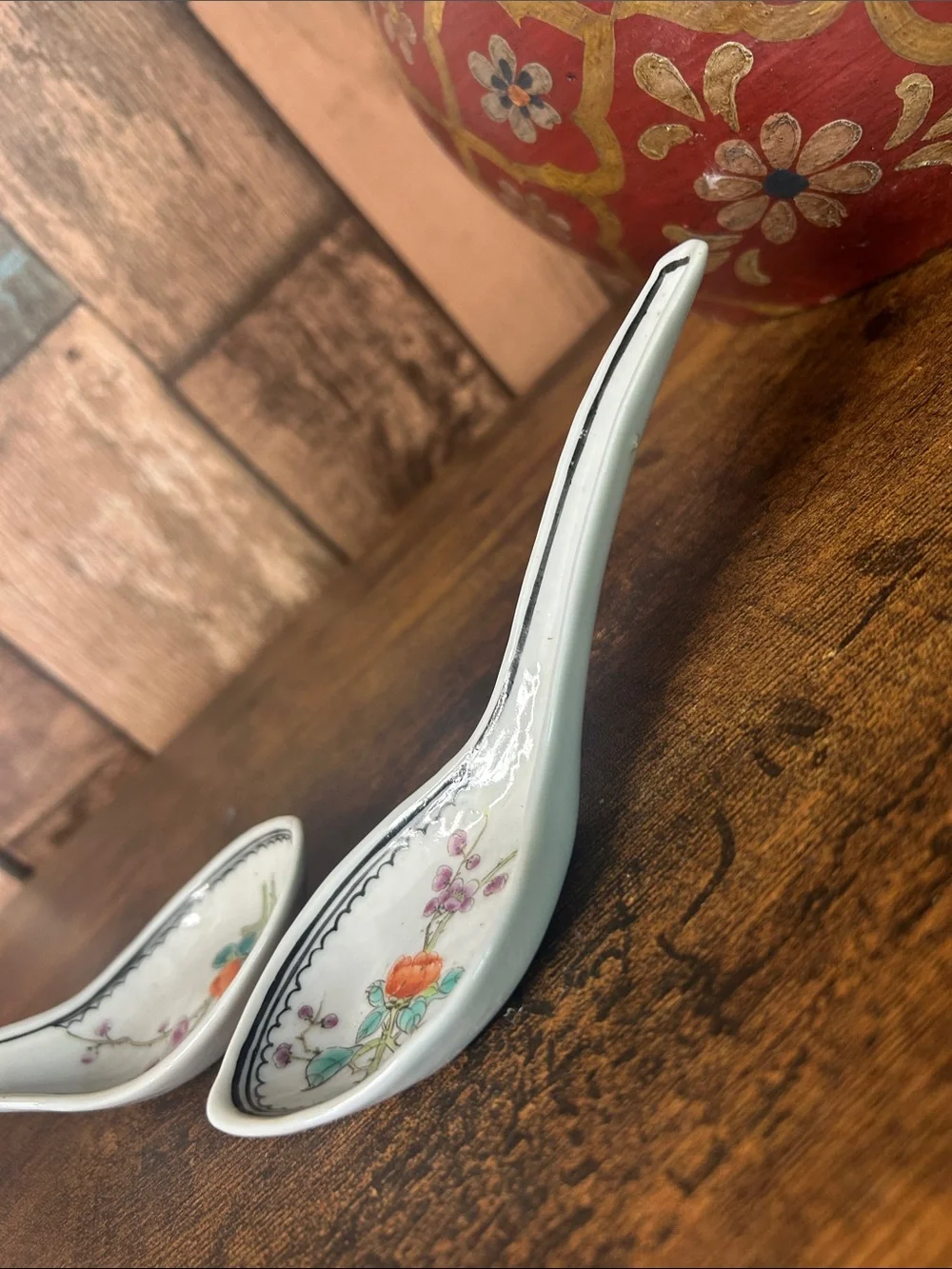 Porcelain Floral Soup Spoons - White with Orange Floral Accent